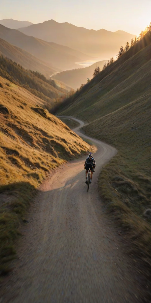 Blurry action shot of a cyclist navigating a winding mountain trail at sunrise, soft golden light casting long shadows, with distant peaks barely visible through the morning mist.