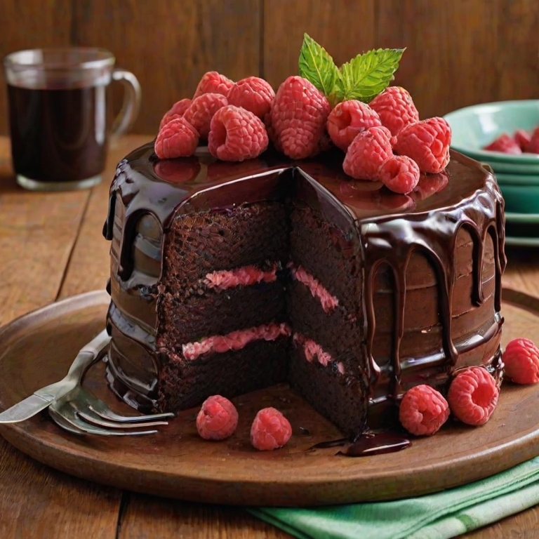 Create an image of a decadent chocolate cake with rich layers. The cake should have a glossy chocolate ganache frosting and a vibrant raspberry filling visible in the cut slice. Top the cake with fresh raspberries and a sprig of mint for a pop of color. Use a rustic wooden surface as the background to enhance the presentation.