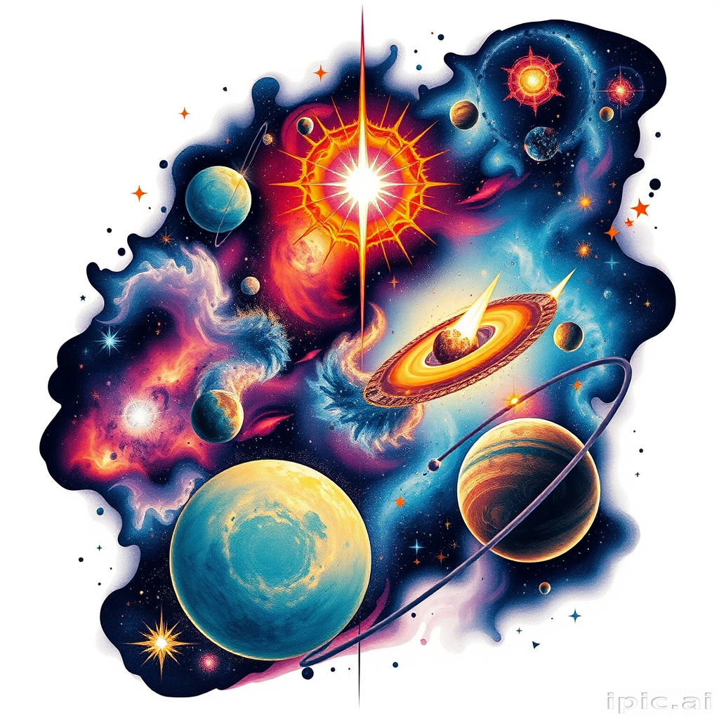 Cosmic tattoo design known as "Celestial Journey" depicting a mesmerizing space scene with galaxies nebulae and planets rendered in vibrant colors and intricate details creating a sense of wonder and exploration
