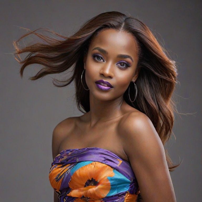Photographic image of a beautiful young Hausa woman, cyan eyes, lips with orange lipstick, long hair fluttering in the wind and wearing a silk strapless dress with a soft purple and orange print. monochrome image with only color highlights in the iris of the eyes, lipstick and dress. Gray background.