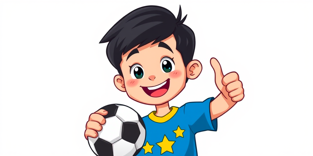 Create a colorful cartoon illustration of a young boy with dark hair and a yellow stripe, wearing a blue shirt with three stars, giving a thumbs up while holding a soccer ball, with a clean white background; use a digital drawing style, bright colors, and smooth lines; simulate a high-resolution digital camera at f/4.0 aperture, 50mm lens, and 300 DPI for enhanced image quality.