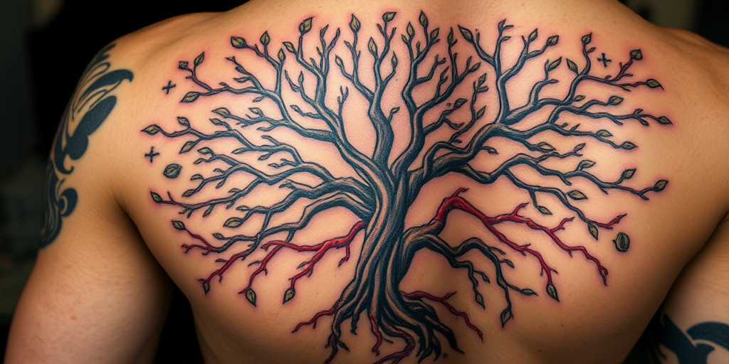 Surrealist tattoo blending elements of nature and human anatomy, showcasing a tree with branches morphing into veins and arteries, called "Organic Fusion"