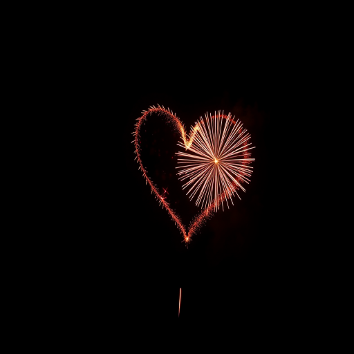heart-shaped fireworks display in vibrant colors against a black sky, shot with a DSLR camera at f/8 aperture, ISO 100, 1/2 second exposure, 50mm lens, night view, high dynamic range photography