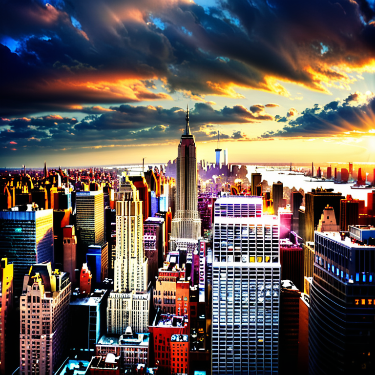 Stunning Sunset Over New York City with Iconic Empire State Building