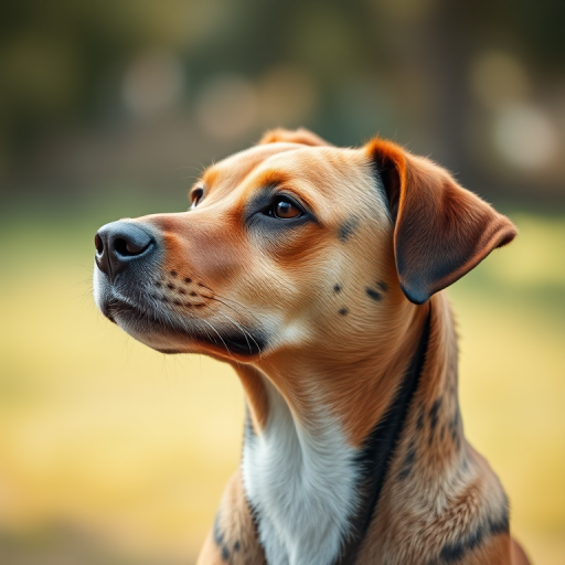 portrait of a dog with soft focus background, natural light, aperture set at f/2.8 for shallow depth of field, shot using a DSLR camera with a 50mm lens, high-resolution, side profile angle
