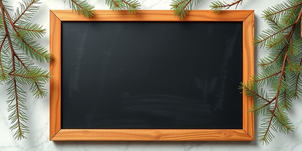 A wooden framed chalkboard on a marble surface with pine branches framing the top, shot with a DSLR camera at f/2.8 aperture, ISO 100, 35mm focal length, top-down view, natural lighting for enhanced color and detail.