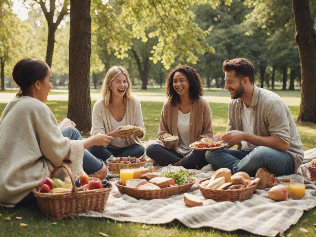 Blurry action shot of a group of friends enjoying a picnic in the park, soft sunlight filtering through the trees, with a blanket spread out and baskets filled with food.