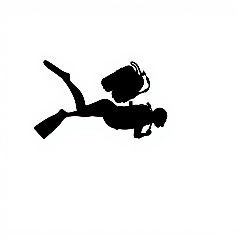 Create a high-quality image of a diving silhouette icon, using a Canon EOS R5 with a 50mm lens, aperture f/2.8, ISO 100, in a flat lay style with a clean white background for contrast.
