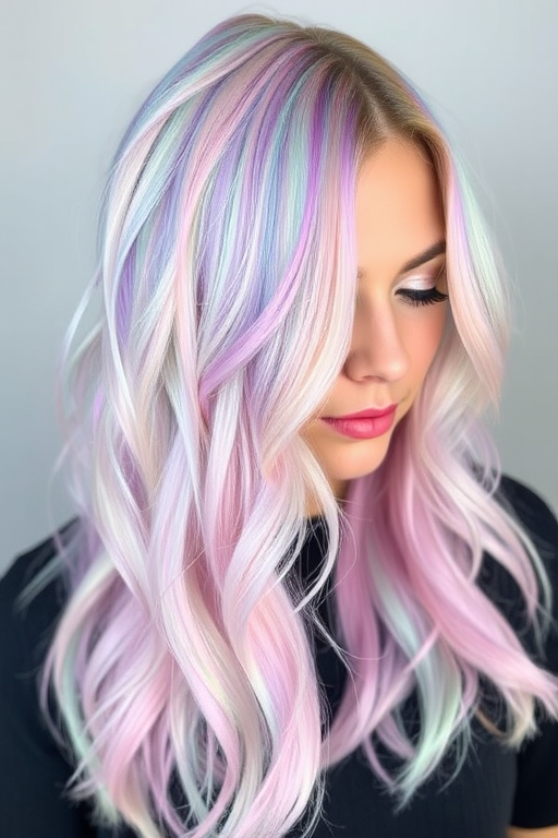 Iridescent opal-inspired hair color melding pastel pink, blue, and green tones, styled by Pearl Luminescence, featuring a long layered cut with face-framing tendrils and holographic glitter accents