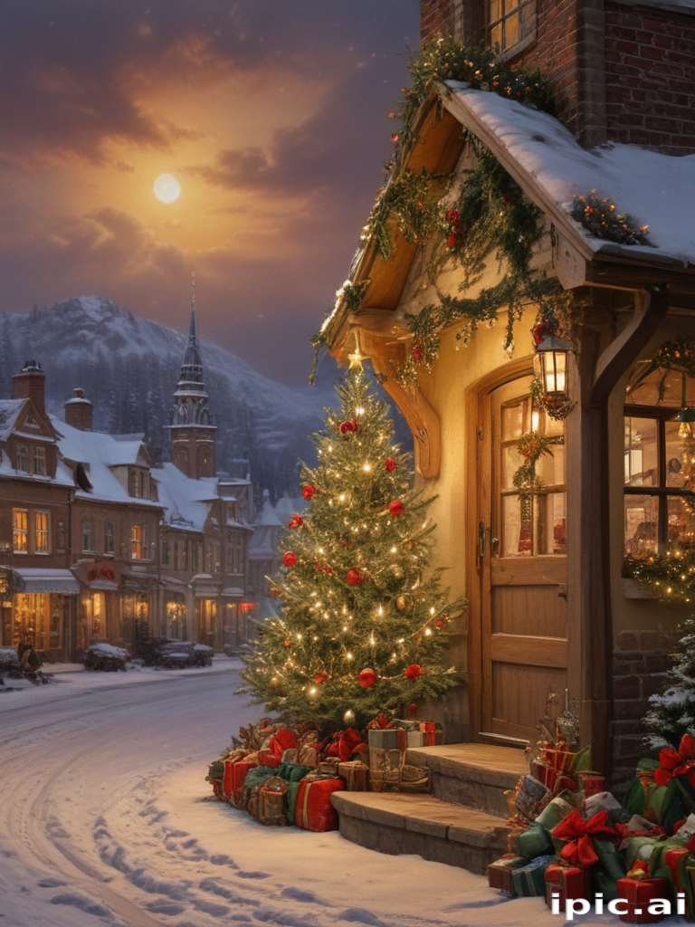 Charming Winter Village Scene with Christmas Tree and Festive Decorations