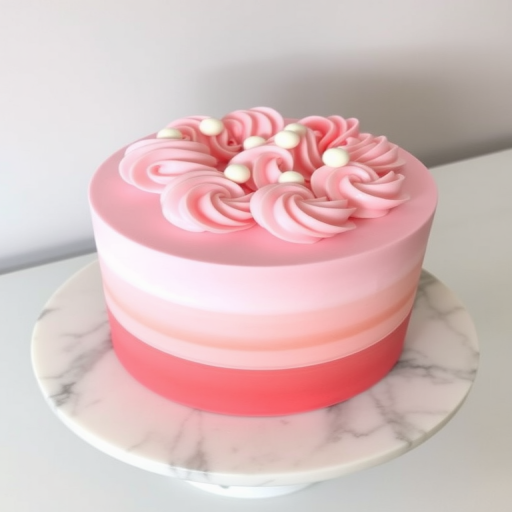 A beautifully decorated cake with a smooth pink ombre frosting design featuring swirls of light pink and coral rosettes on top along with small dollops of white frosting, placed on a round marble cake stand.