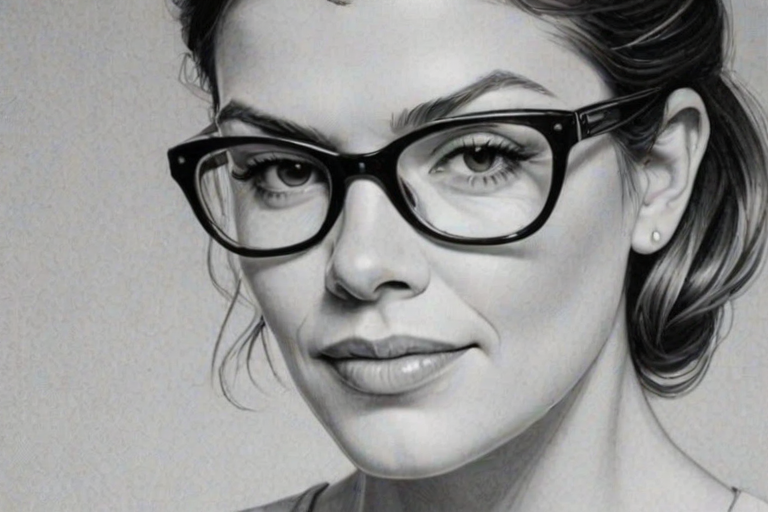 Graceful Gail Simmons, pencil sketch, portrait of Charming woman 1965s in glasses, hair style beatnik, outline, clear lines, fine lines, 8k