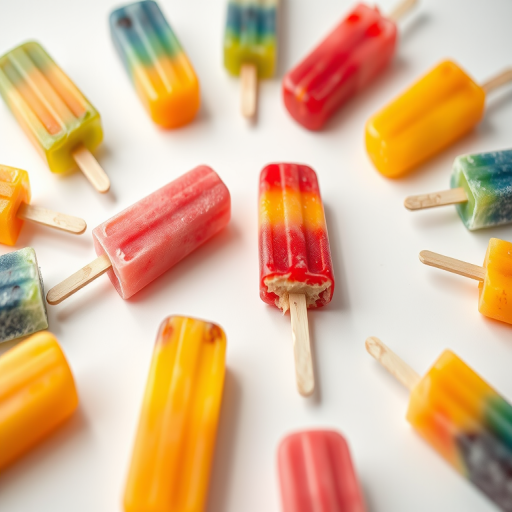 colorful popsicles on a white background, shallow depth of field, 50mm lens, f/2.8 aperture, ISO 100, natural lighting, high dynamic range, studio photography