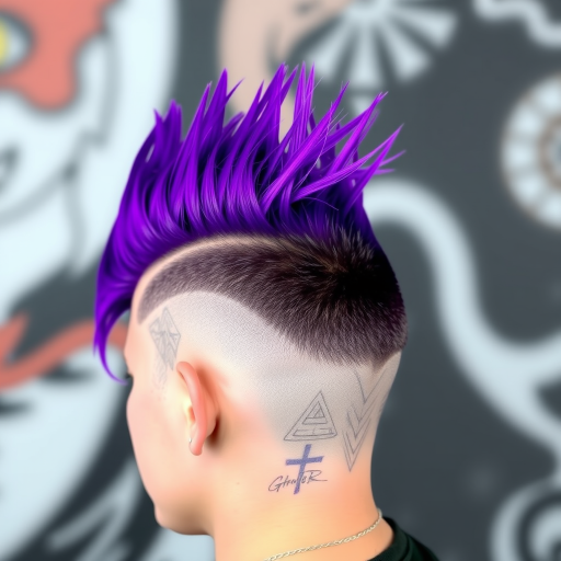 Edgy undercut with vibrant purple mohawk, featuring shaved sides with intricate geometric patterns, showcasing bold self-expression and artistic flair
