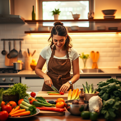 Warmly lit photo of a woman cooking in a modern kitchen, dressed in a stylish apron, chopping vegetables with a colorful assortment of ingredients displayed around her.