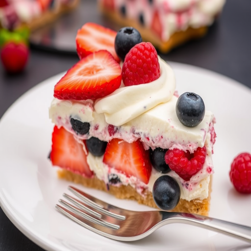 A close-up view of a slice of berry dessert with layers of cream and mixed berries including strawberries, raspberries, and blueberries on a white plate with a fork beside it, soft focus background with more dessert and a dark surface.