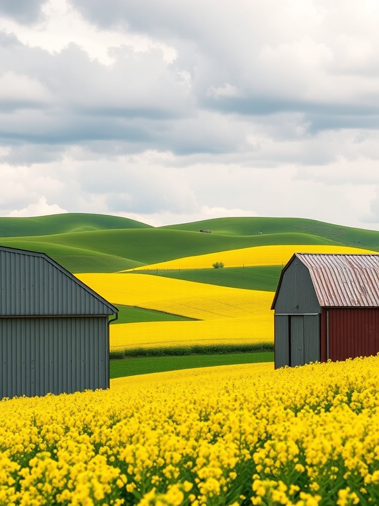 Capture a vibrant landscape of rolling green hills and a bright yellow canola field with two metal farm buildings in the foreground, taken with a Canon EOS 5D Mark IV at f/8, 1/250s, ISO 100, in a wide-angle perspective on a cloudy day for enhanced detail and color saturation.