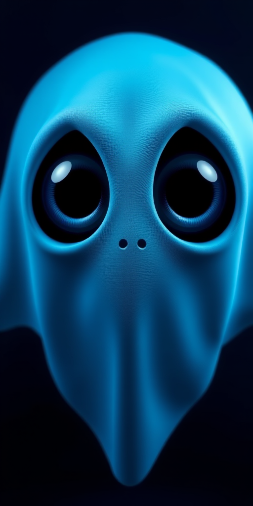 Create a high-resolution image of a blue ghost character with large eyes, using a DSLR camera with a 50mm lens at f/1.8 aperture, set to ISO 100, and captured from a front view with soft studio lighting.