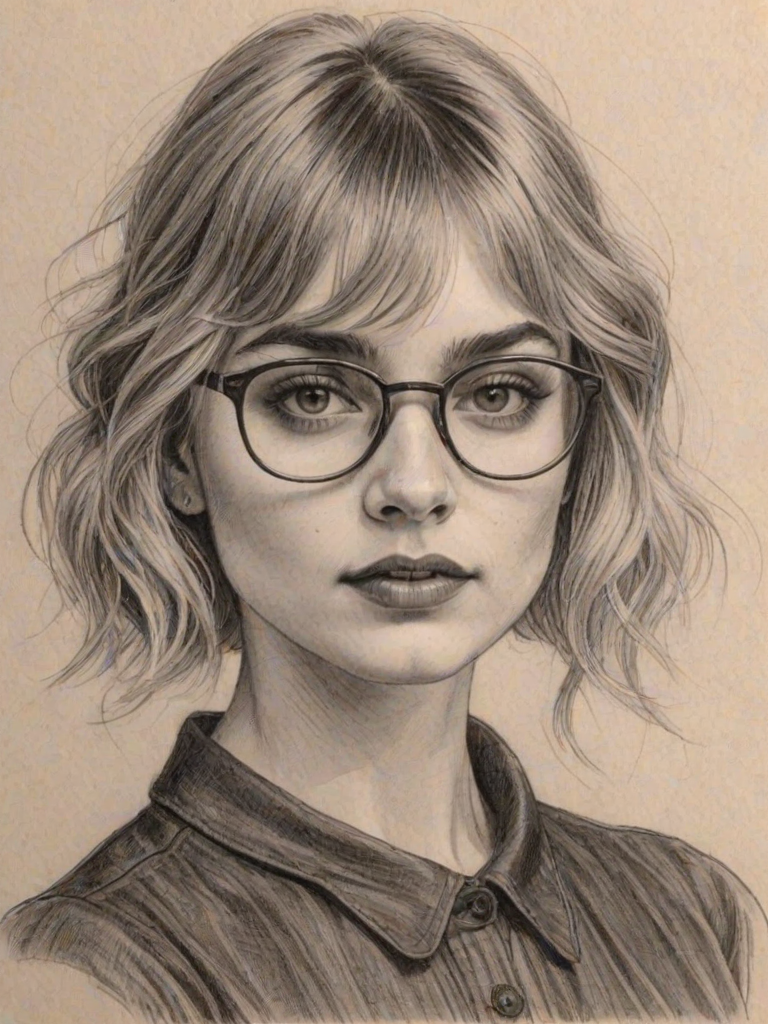 Bewitching Imogen Poots, pencil sketch, portrait of Appealing woman 1923s in glasses, hair style beatnik, outline, clear lines, fine lines, 8k