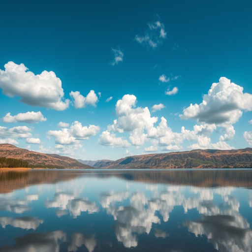Create a high-resolution image of a serene landscape featuring a calm lake reflecting a clear blue sky with fluffy clouds, shot with a Canon EOS 5D Mark IV at f/8, ISO 100, shutter speed 1/200s, using a wide-angle lens, in vibrant colors and sharp details.
