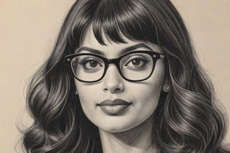 Lovely Jameela Jamil, pencil sketch, portrait of Splendid woman 1941s in glasses, hair style beatnik, outline, clear lines, fine lines, 8k