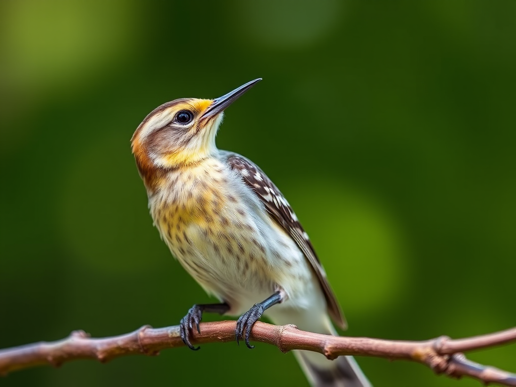 A detailed close-up of a yellow-bellied sapsucker perched on a branch, captured in natural light, 85mm lens, f/4 aperture, ISO 200, 1/1000s shutter speed, shallow depth of field, focusing on the bird with a blurred green background.