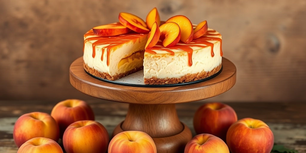A delicious cheesecake topped with sliced peaches and a caramel drizzle displayed on a wooden cake stand with a rustic background. The cheesecake has a creamy texture, revealing layers of filling and a crumbly crust. Fresh peaches are scattered around the base of the stand, adding a vibrant touch to the scene.