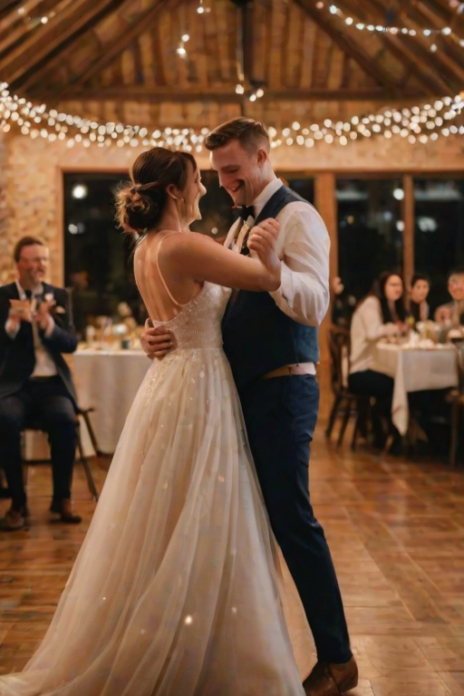 Blurry, candid photo of a wedding couple sharing a first dance under twinkling fairy lights, soft glow illuminating their faces, distant guests clapping and smiling, soft music filling the air, a moment of pure joy captured.