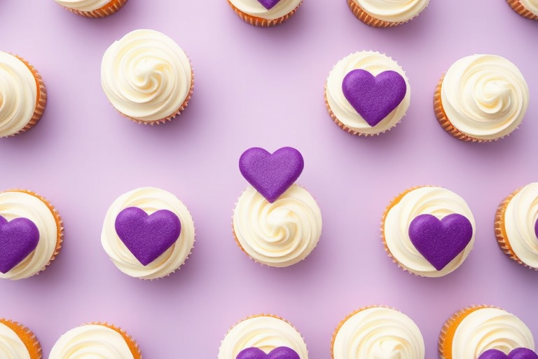 Generate a repeated pattern of cupcakes with white frosting and a purple heart on a light purple background, shot with a DSLR camera at f/5.6 aperture, ISO 100, 50mm lens, top-down view, using vibrant colors and high contrast to enhance image quality.