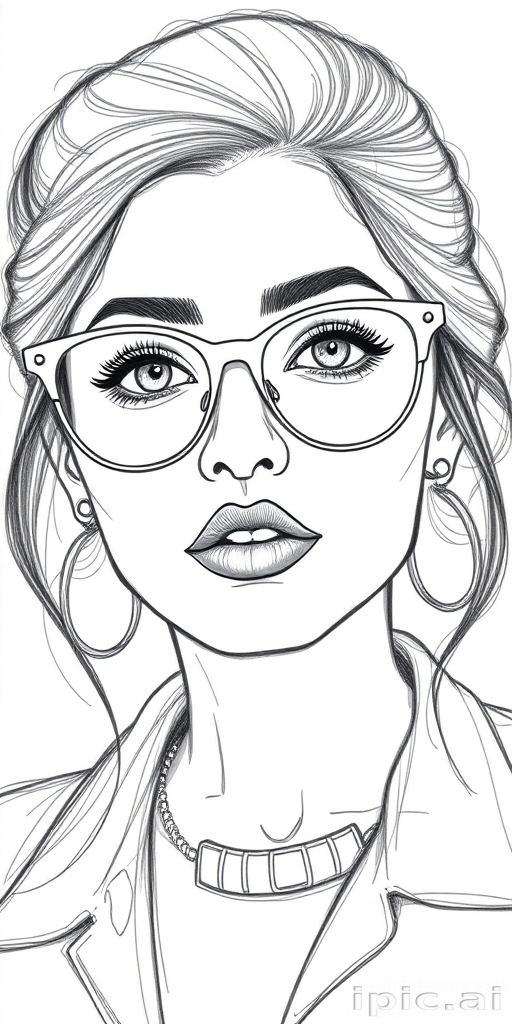 hot mia khalifa, pencil sketch, portrait of beautiful woman 60s in glasses, hair style beatnik, outline, clear lines, fine lines, 8k