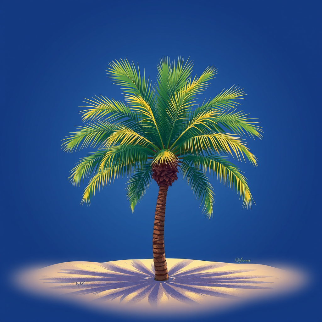 Create a vibrant illustration of a palm tree on sandy ground, using a digital art style with high contrast colors, detailed textures, and soft shadows, shot with a high-resolution camera at f/2.8 aperture, 50mm lens, and a shallow depth of field to emphasize the tree.