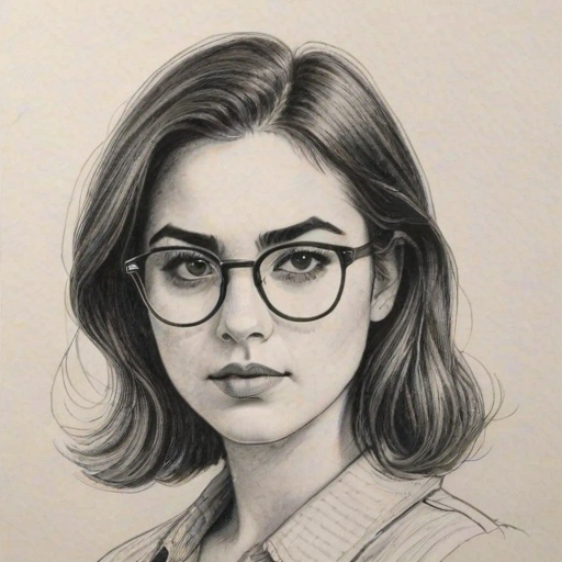 Appealing Alanna Masterson, pencil sketch, portrait of Bewitching woman 1977s in glasses, hair style beatnik, outline, clear lines, fine lines, 8k