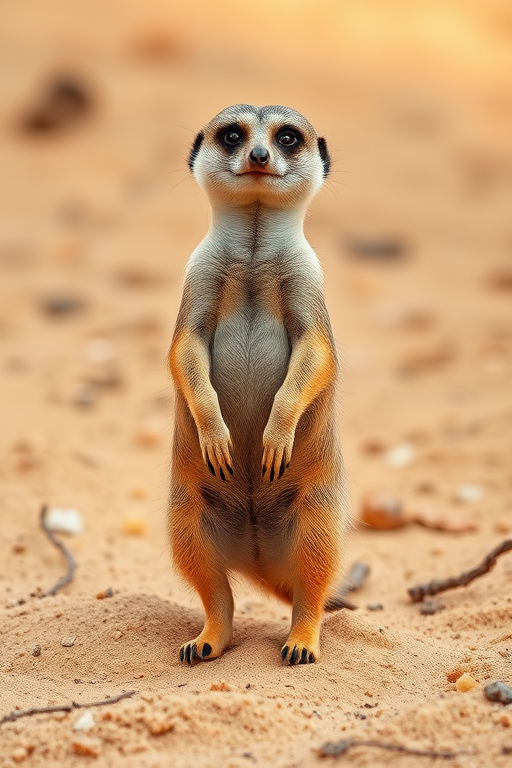 meerkat standing on sandy terrain, natural habitat, 50mm lens, f/2.8 aperture, ISO 200, shallow depth of field, soft natural lighting, DSLR, focused view, vibrant colors