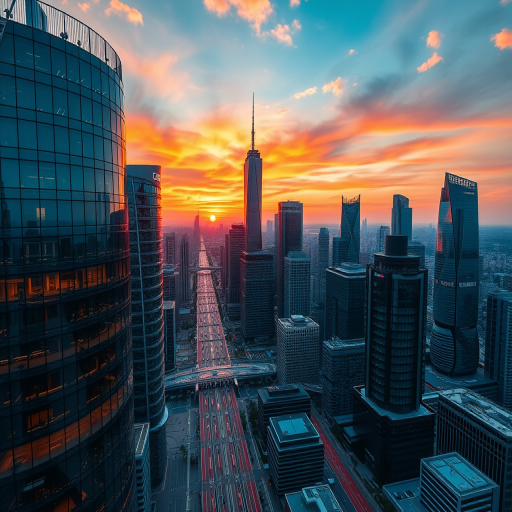 Create a high-resolution image of a futuristic city skyline at sunset, with vibrant colors reflecting off glass buildings, using a Canon EOS R5, 24mm lens, aperture f/8, ISO 100, 1/125 sec shutter speed, shot from a drone perspective to capture sweeping city views.