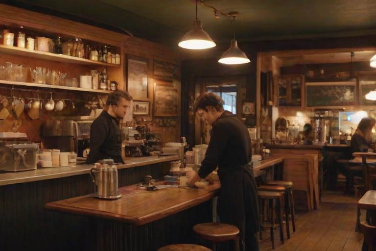 Warmly lit photo of a charming cafeinterior, with vintage decor, soft light illuminating tables set for patrons, and a barista preparing coffee behind the counter.