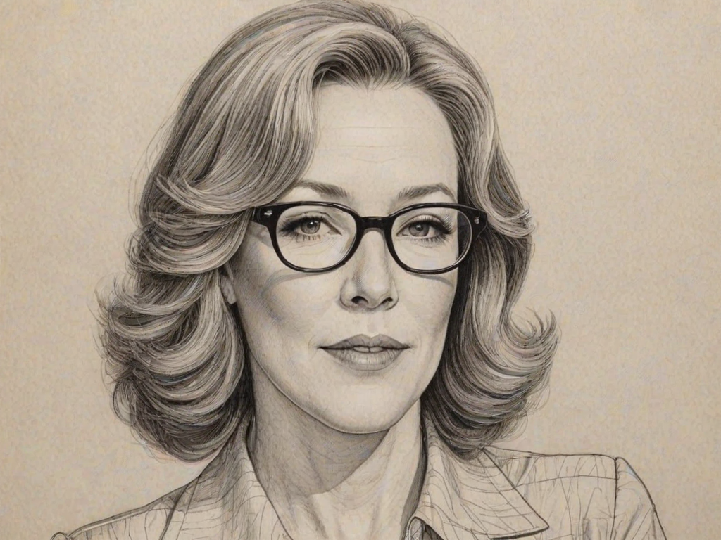 Dazzling Catherine O'Hara, pencil sketch, portrait of Appealing woman 1969s in glasses, hair style beatnik, outline, clear lines, fine lines, 8k