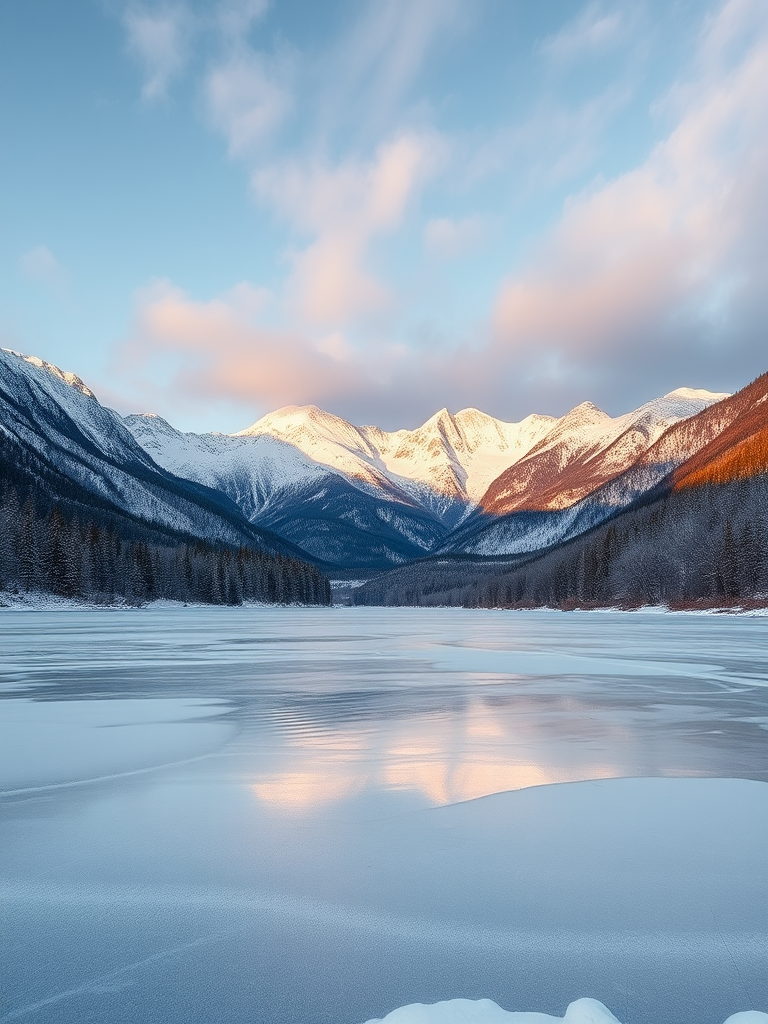 capture a serene winter landscape with snow-covered mountains in the background and a frozen lake in the foreground, golden hour lighting, 24mm lens, f/11, ISO 100, shutter speed 1/125s, DSLR camera, wide-angle view, high dynamic range imaging