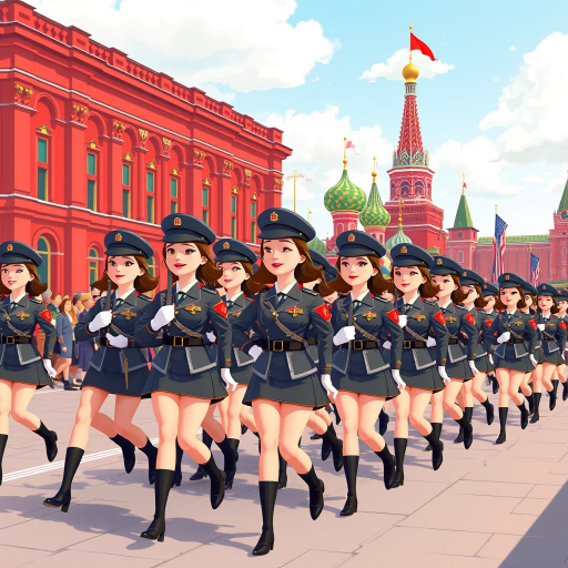 Cartoon 3D Military parade in Red Square in Moscow with military women wearing short skirts.