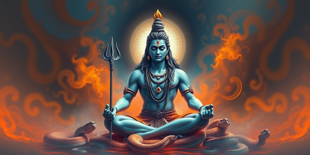 Create a digital painting of Lord Shiva meditating, with an ethereal glow, surrounded by snakes and vibrant orange and blue hues, using a DSLR camera, with aperture f/2.8, ISO 100, and a 50mm lens, focused on capturing intricate details and textures in the piece.