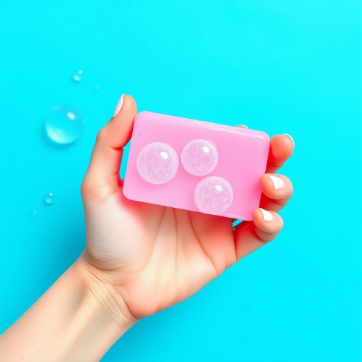 Create an illustration of a hand holding a pink soap bar with bubbles, using a bright blue background, shot with a Canon EOS R5 at f/2.8, 1/125s, ISO 100, top-down view, vector style.