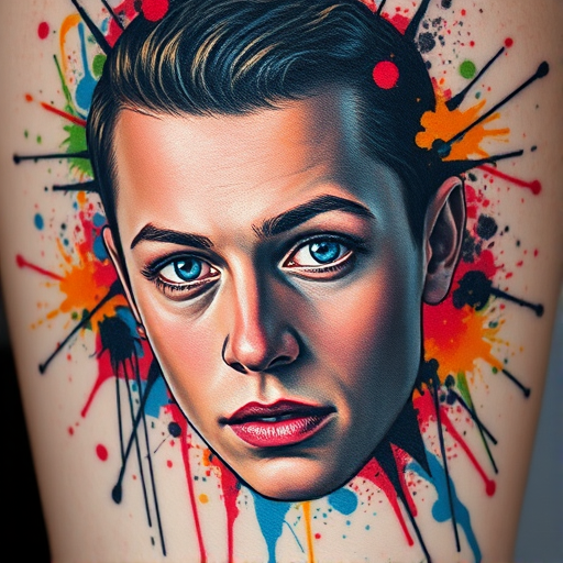 Realistic color portrait tattoo titled "Living Canvas" depicting a hyper-detailed face with lifelike skin tones and expressive eyes surrounded by abstract swirls of vibrant paint splatters