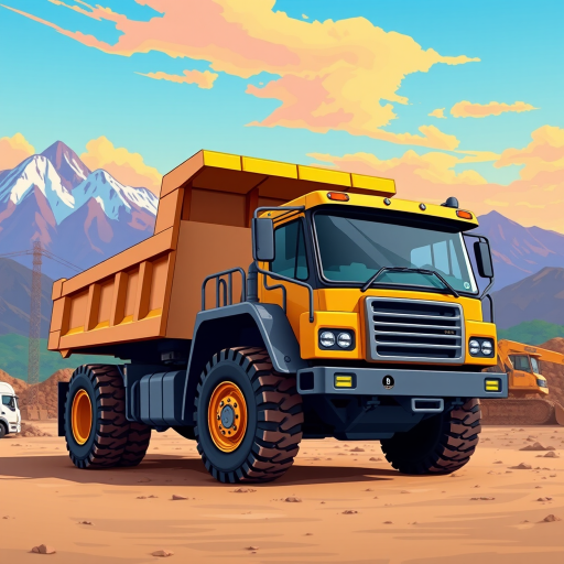 Create a high-resolution digital illustration of a stylized dump truck in a construction setting with a vibrant background of mountains and a clear sky, using a Canon EOS R5 with a 50mm lens, aperture set to f/4, ISO 100, and a wide-angle perspective to capture the truck in sharp detail against the colorful backdrop.