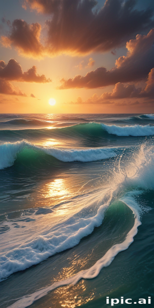 Serene Sunset Over Gentle Waves Under a Colorful Cloudy Sky