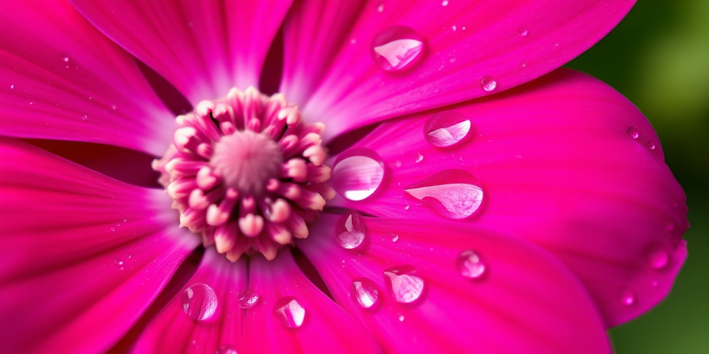 macro shot of a vibrant pink flower with water droplets on its petals, shallow depth of field, f/2.8 aperture, ISO 100, 100mm lens, natural soft lighting, taken with a DSLR camera.