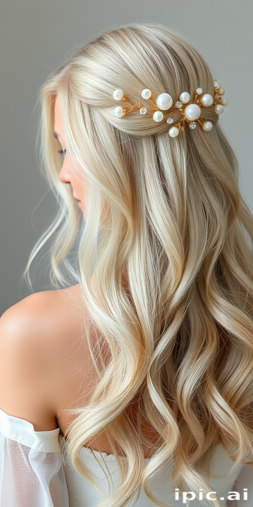 Ethereal goddess with waist-length platinum blonde hair styled in ethereal loose waves, adorned with delicate pearl and crystal hair accessories