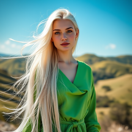 Generate a portrait of a young woman with long flowing white hair in a vibrant green outfit, set against a backdrop of lush rolling hills and a bright blue sky, using a Canon EOS R5, 85mm f/1.2 lens, ISO 100, aperture f/1.8, shutter speed 1/200s, soft focus, natural lighting, and a shallow depth of field to enhance image quality.