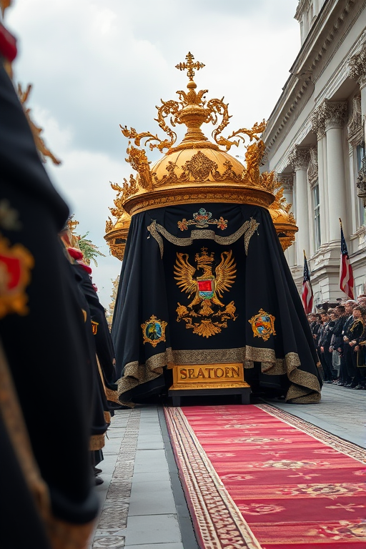 Regenerate the image of a grand procession featuring an ornate structure draped with a richly detailed black cloak adorned with vibrant emblems, captured using a DSLR camera at 24mm focal length, f/8 aperture, ISO 200, in a high dynamic range style, from a low angle view to emphasize the details and atmosphere of the event.