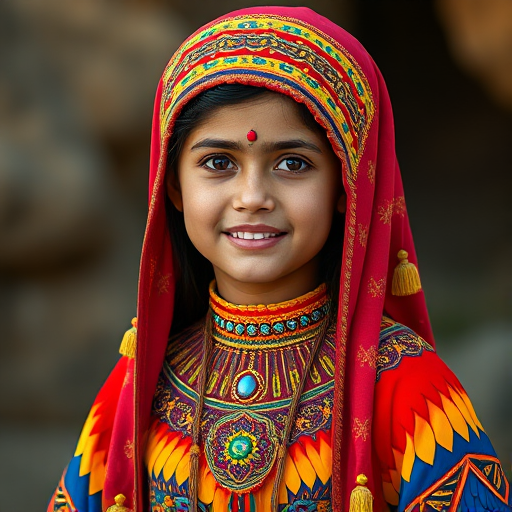 A beautiful Coptic girl, wearing colorful bird clothing with vibrant colors