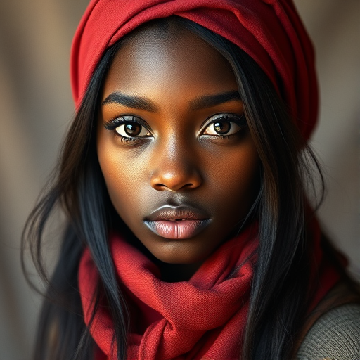 Create a portrait of a young African American woman with long, dark hair and captivating hazel eyes. She is wearing a red headscarf and a matching scarf draped gracefully around her neck. The background is softly blurred, focusing attention on her serene and natural expression. The overall color palette is muted and warm, enhancing the intimate and authentic feel of the portrait.