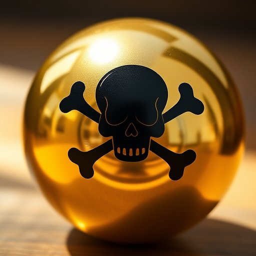 Generate a high-resolution image of a shiny gold ball with a prominent black skull and crossbones symbol in a centered view, using a DSLR camera with a 50mm lens at f/2.8, ISO 100, and 1/200s shutter speed, in soft natural lighting to enhance the details and reflections.